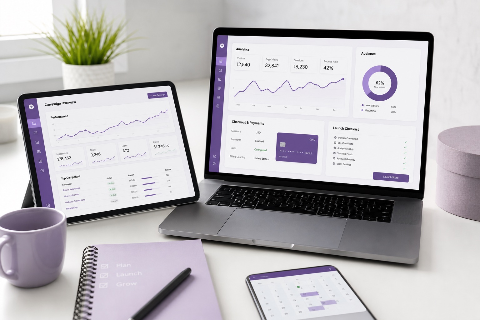 Campaign dashboard, analytics, payments, and launch checklist screens