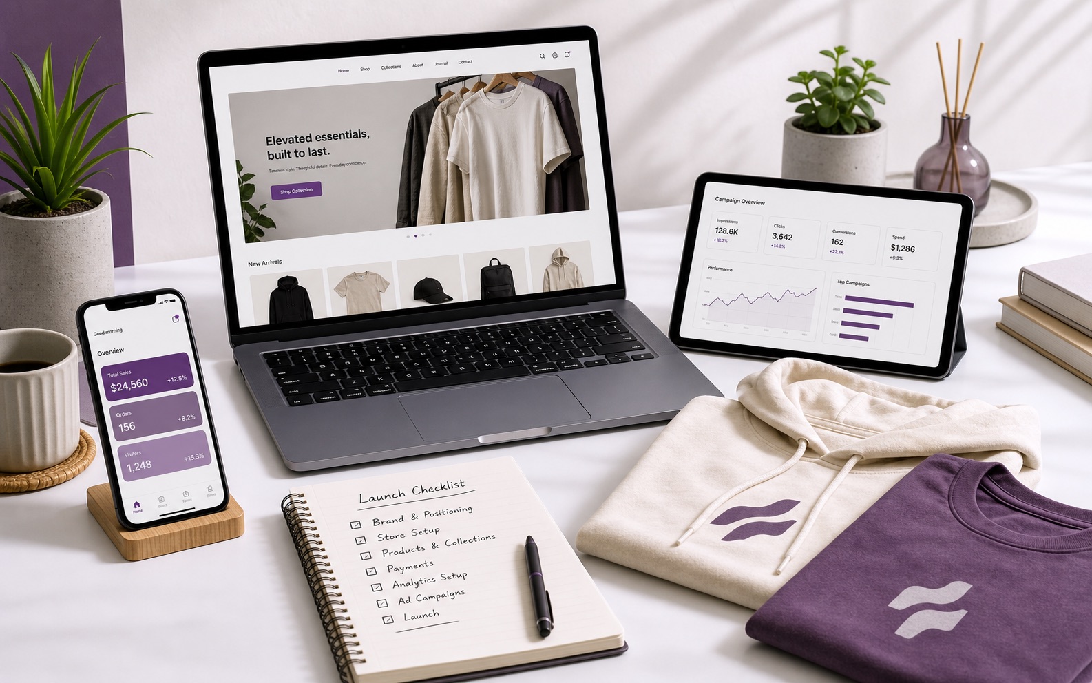 Laptop, phone, clothing mockups, analytics dashboard, and launch checklist on a ForetellHQ studio desk